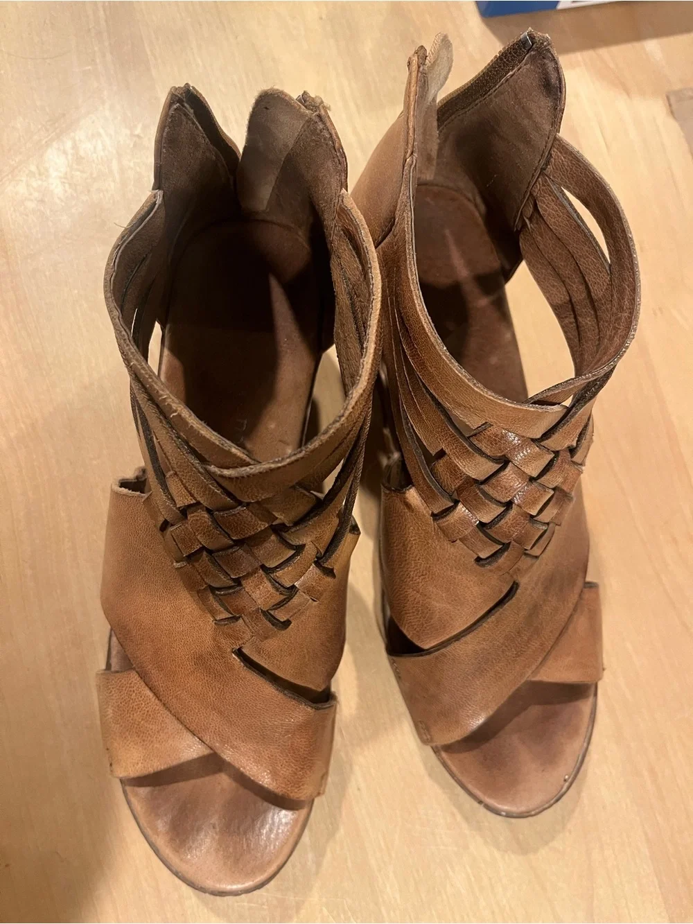 Antelope Cognac Braided Leather Wedge Sandals